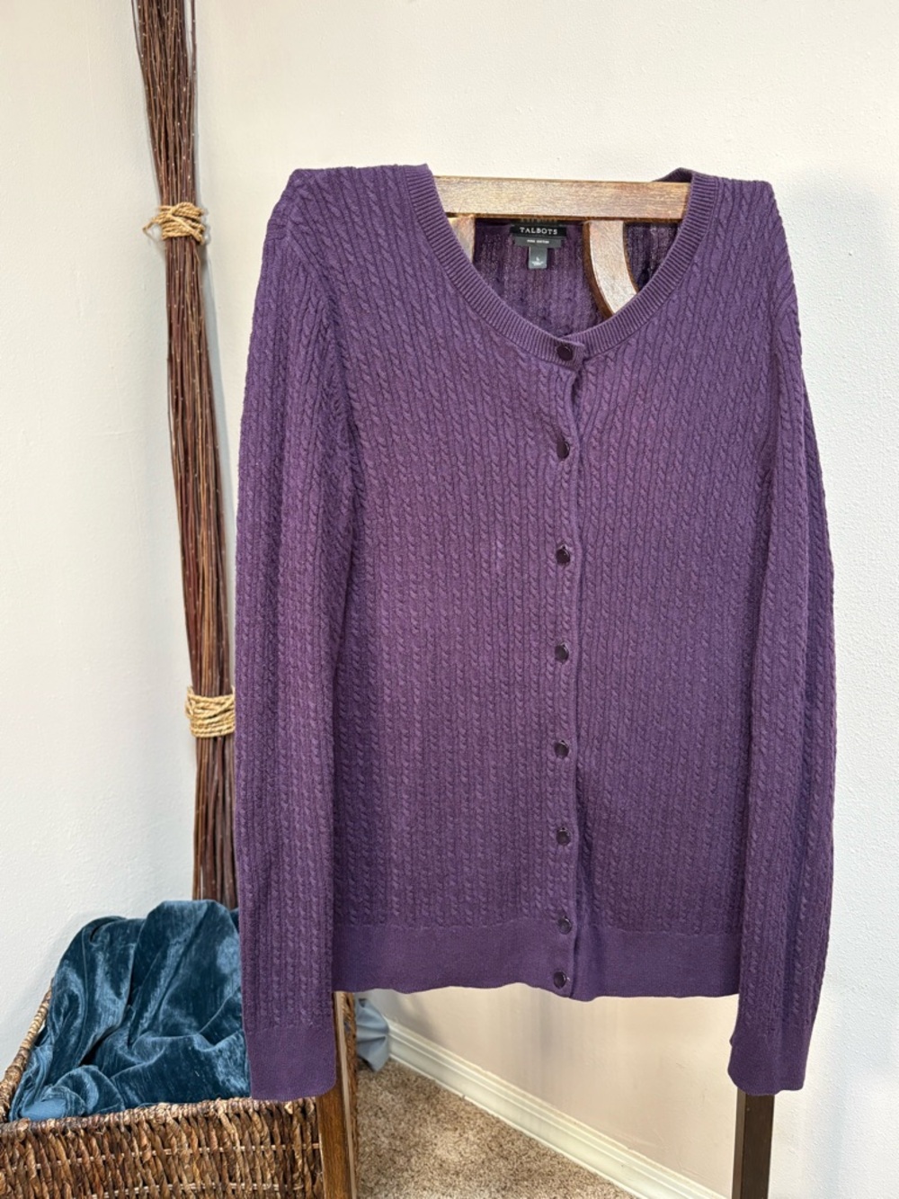 Talbots Plum Cable-Knit Button-Up Sweater